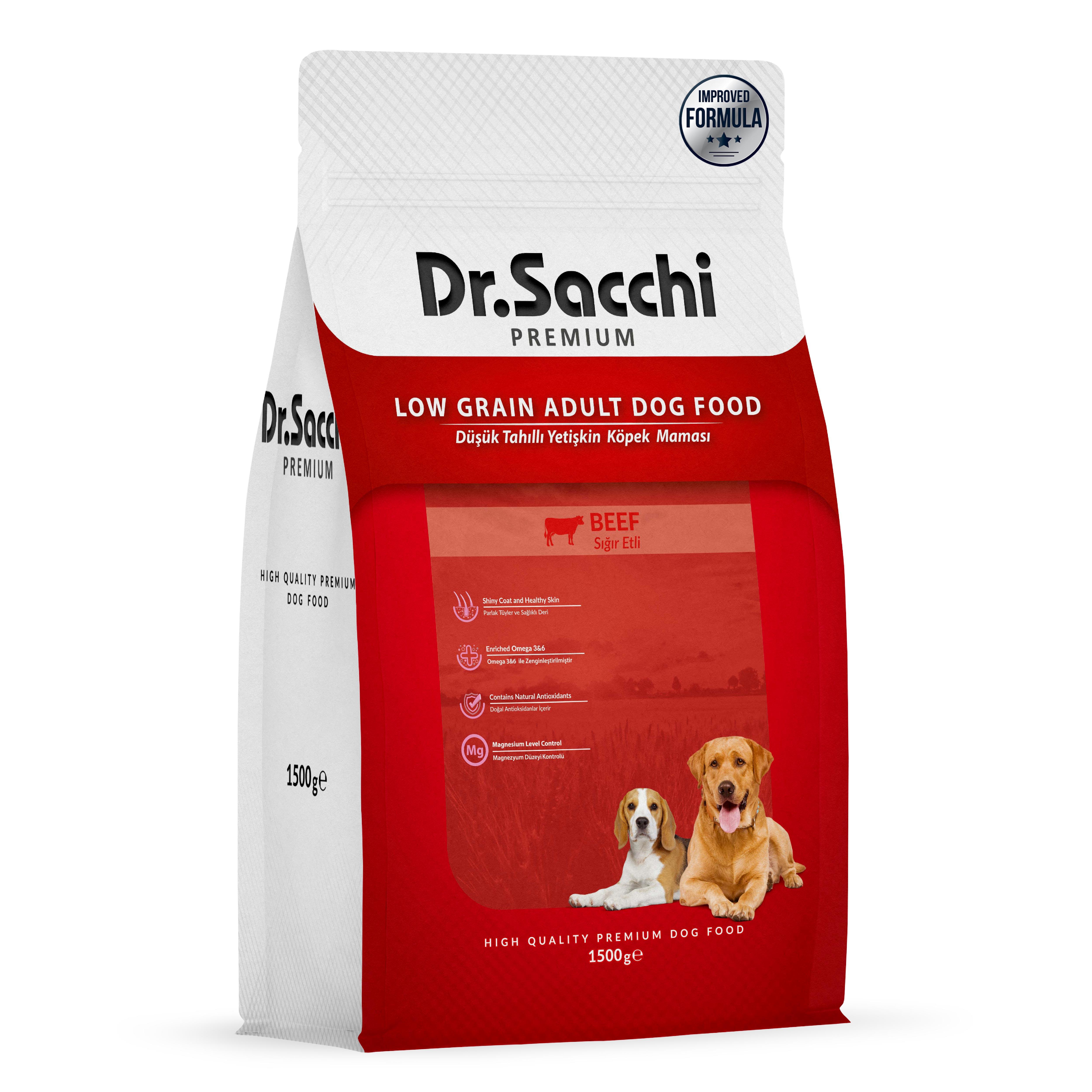 Dr.Sacchi Premium Düşük Tahıllı Sığır Etli Yetişkin Köpek Maması 1,5 Kg