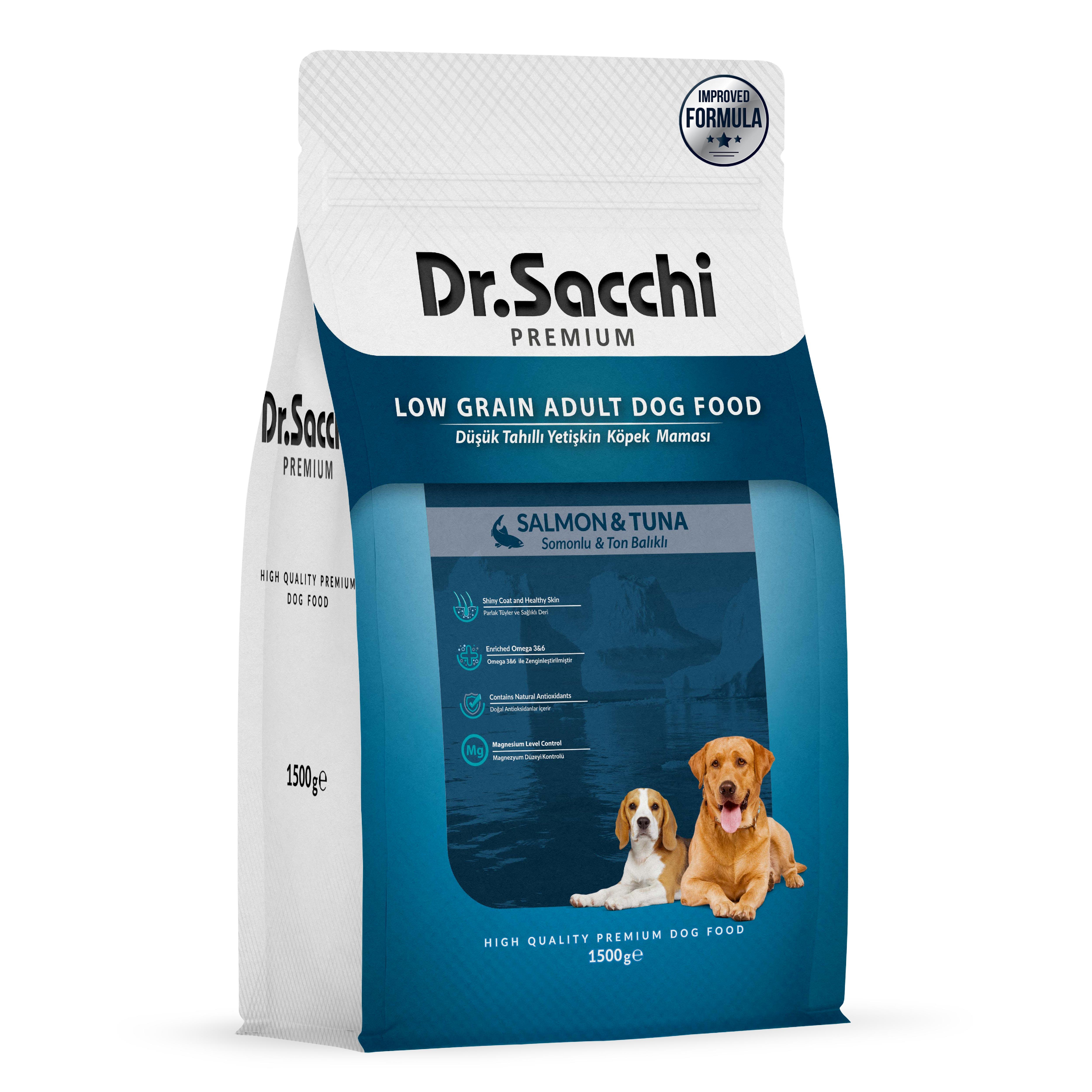 Dr.Sacchi Premium Düşük Tahıllı Somonlu ve Ton Balıklı Yetişkin Köpek Maması 1,5 Kg