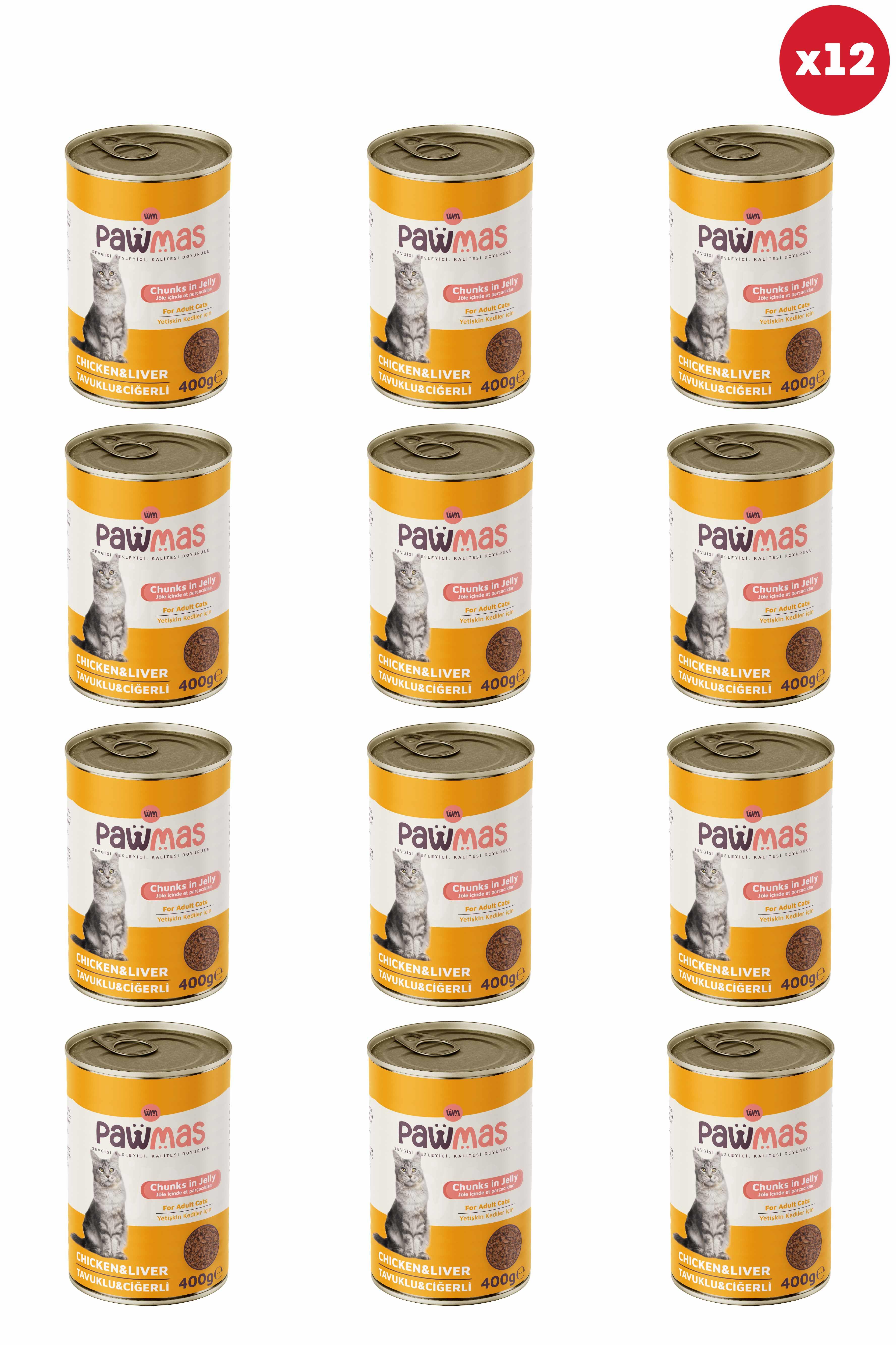 Pawmas Tavuklu Ciğerli Yetişkin Kedi Konservesi 400 gr x 12 Adet