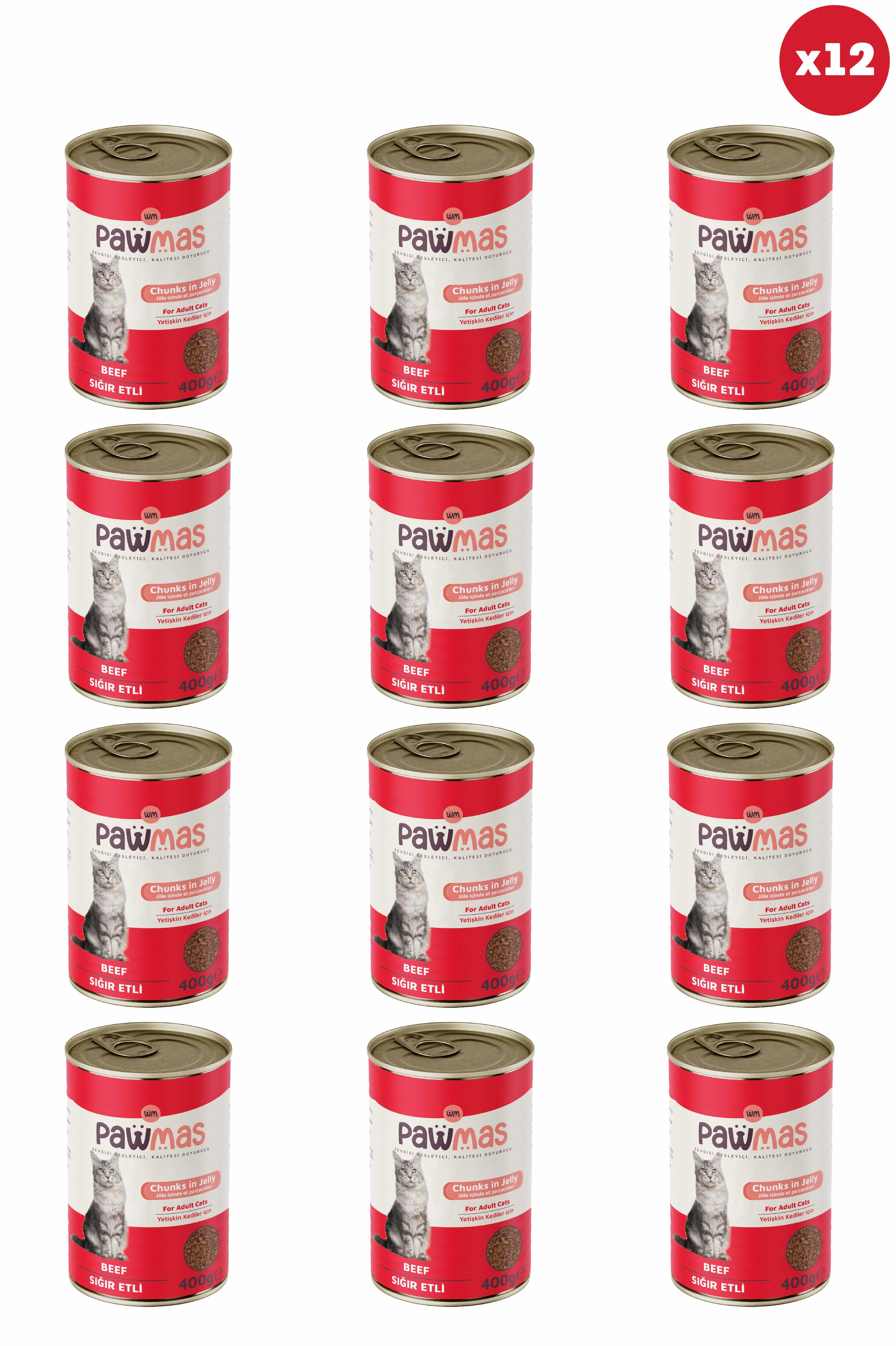 Pawmas Sığır Etli  Pawmas Yetişkin Kedi Konservesi 400 gr x 12 Adet