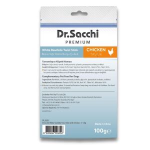 Dr.Sacchi Premium Tavuklu Beyaz Sığır Derisi Burgu Çubuk Tahılsız Köpek Ödülü 5'' 20 Gr 5'li