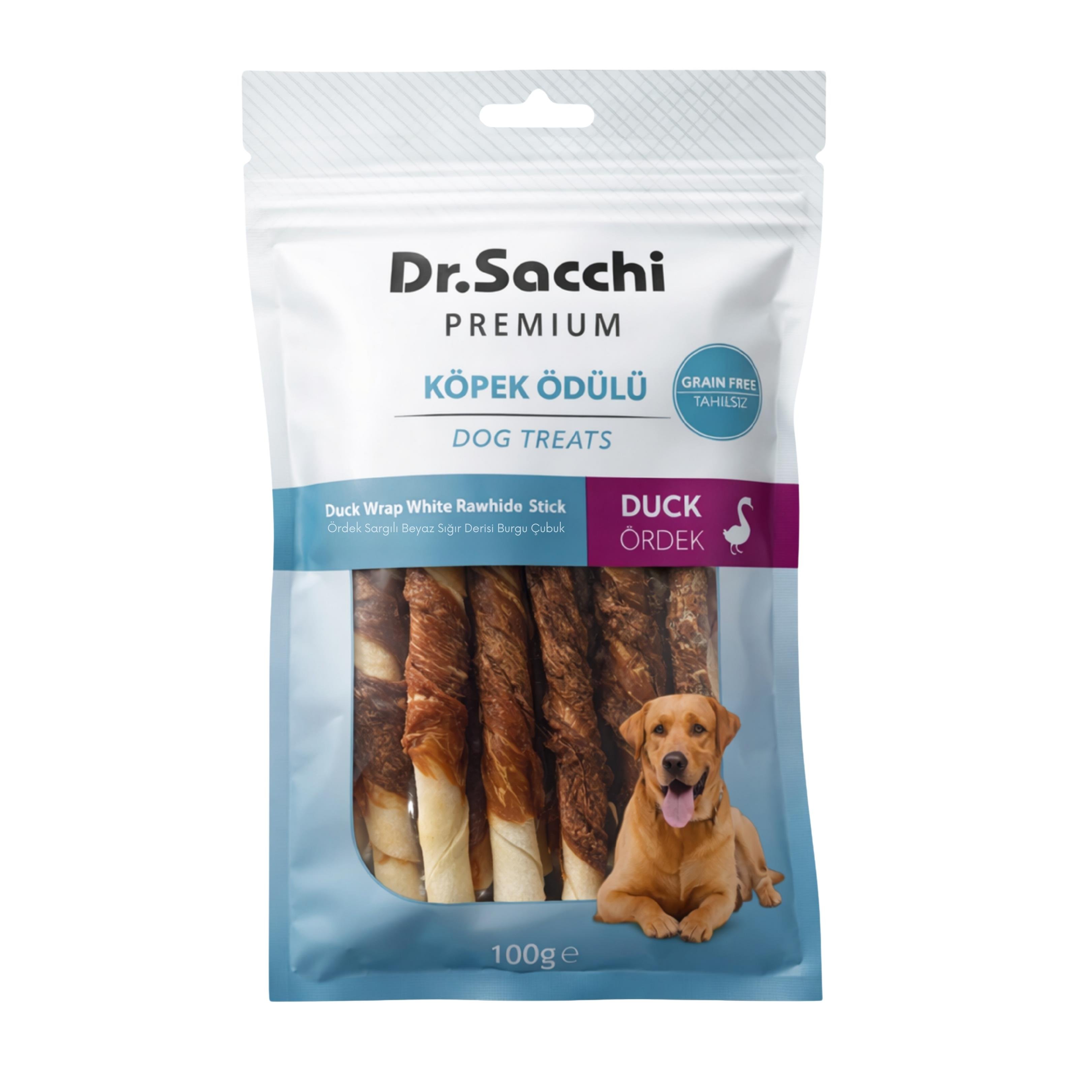Dr.Sacchi Premium Ördek Sargılı Beyaz Sığır Derisi Burgu Çubuk Tahılsız Köpek Ödülü 5'' 9-11 Gr 10'lu