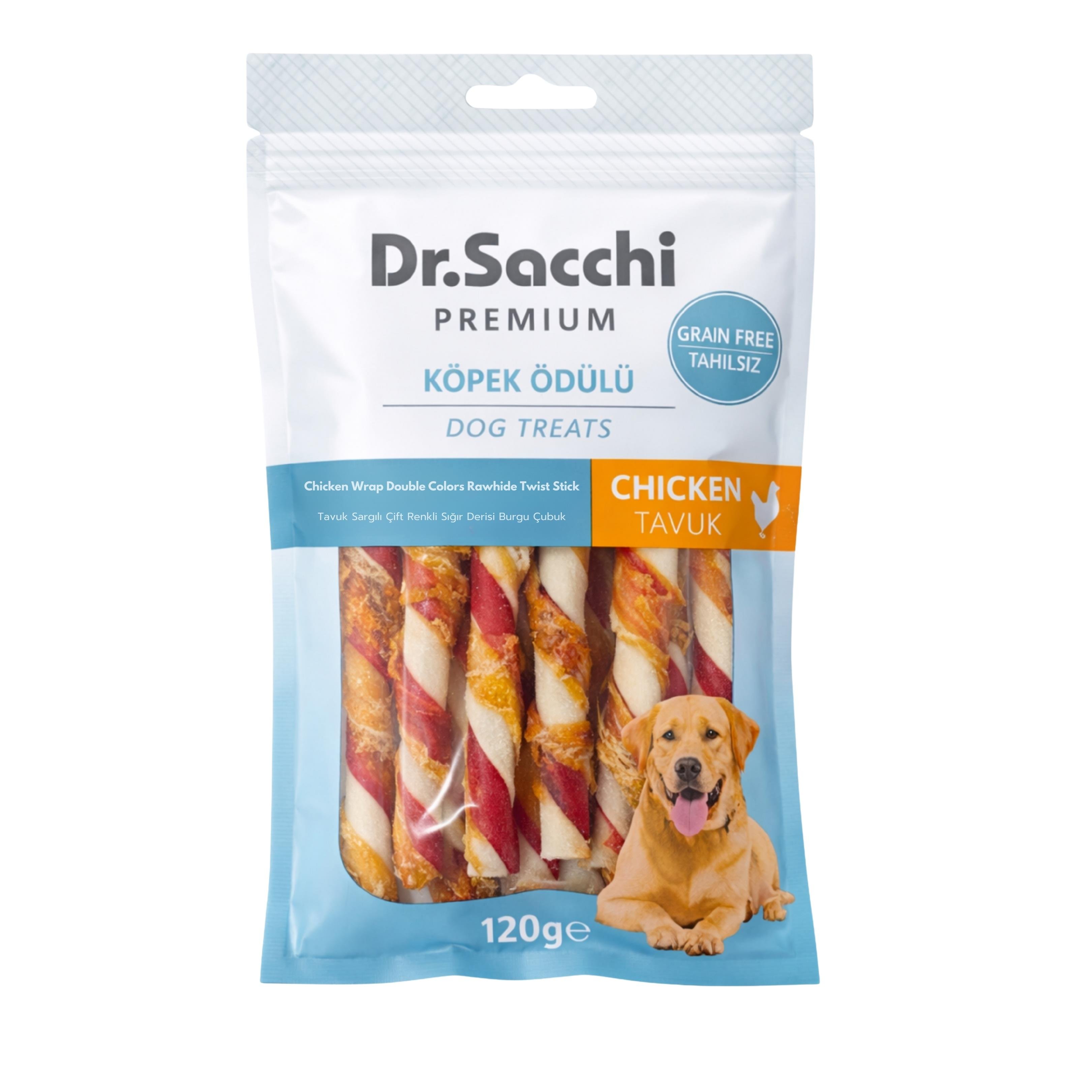 Dr.Sacchi Premium Tavuk Sargılı Çift Renkli Sığır Derisi Burgu Çubuk Tahılsız Köpek Ödülü 5'' 12 Gr 10'lu