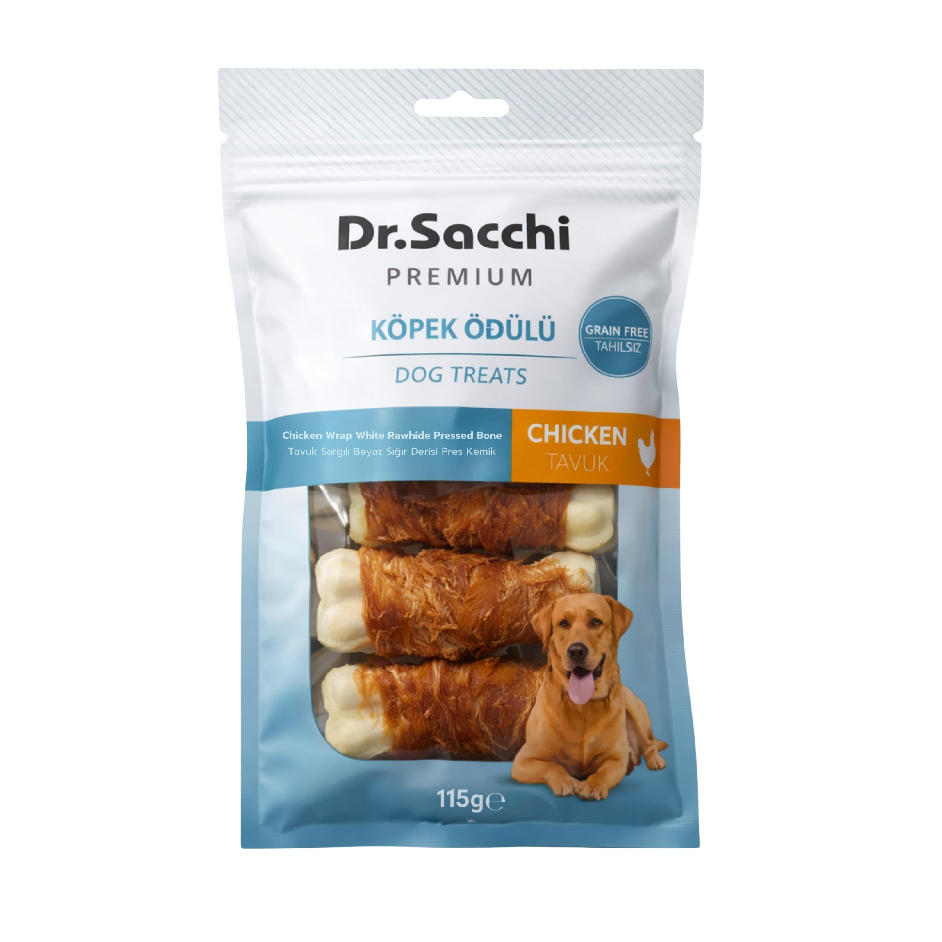 Dr.Sacchi Premium Tavuk Sargılı Beyaz Sığır Derisi Pres Kemik Tahılsız Köpek Ödülü 3” 22- 25 Gr 5'li