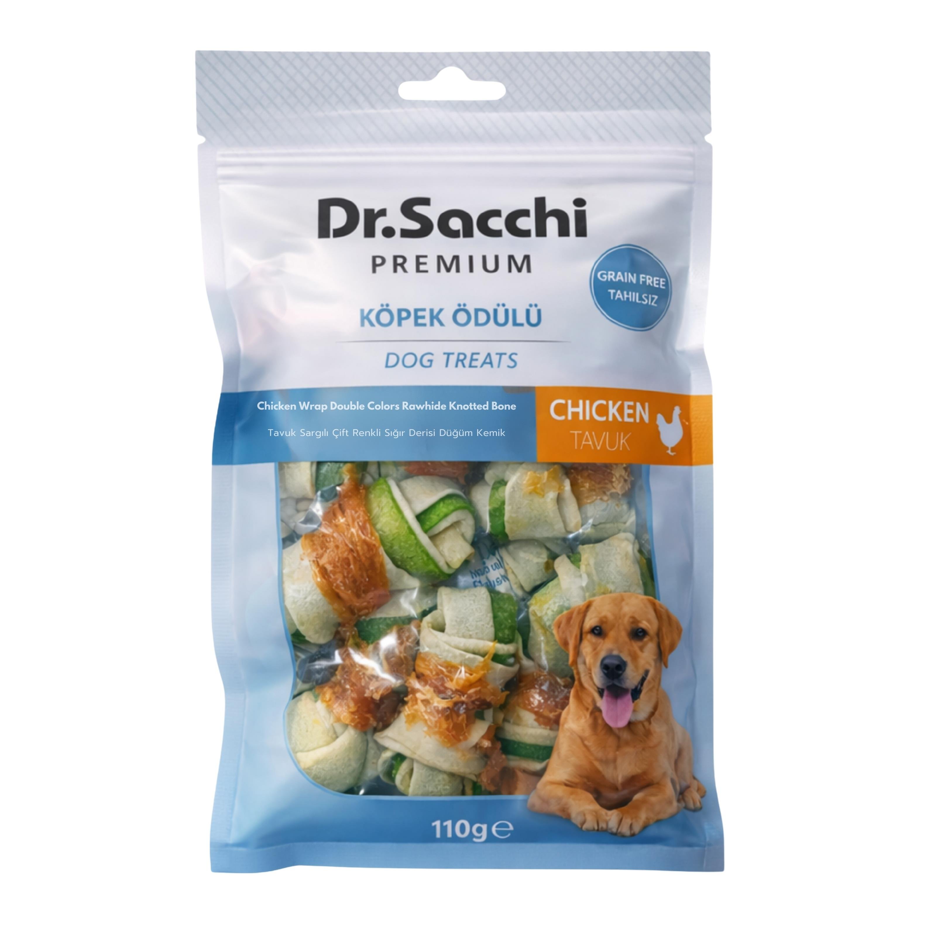 Dr.Sacchi Premium Tavuk Sargılı Çift Renkli Sığır Derisi Düğüm Kemik Tahılsız Köpek Ödülü 2“ 13-15 Gr 8'li
