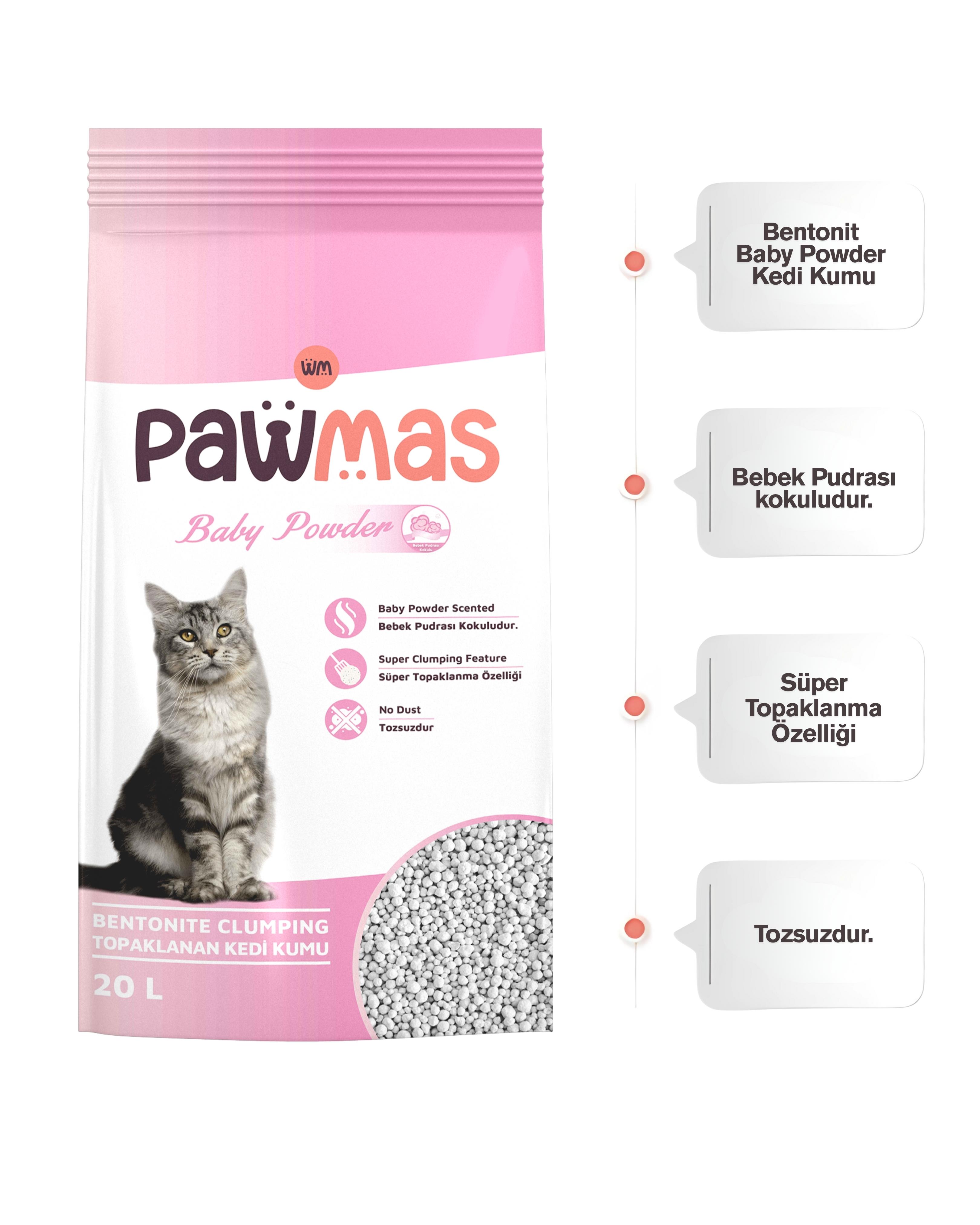 Pawmas Bebek Pudrası Kokulu Bentonit Kedi Kumu 20LT