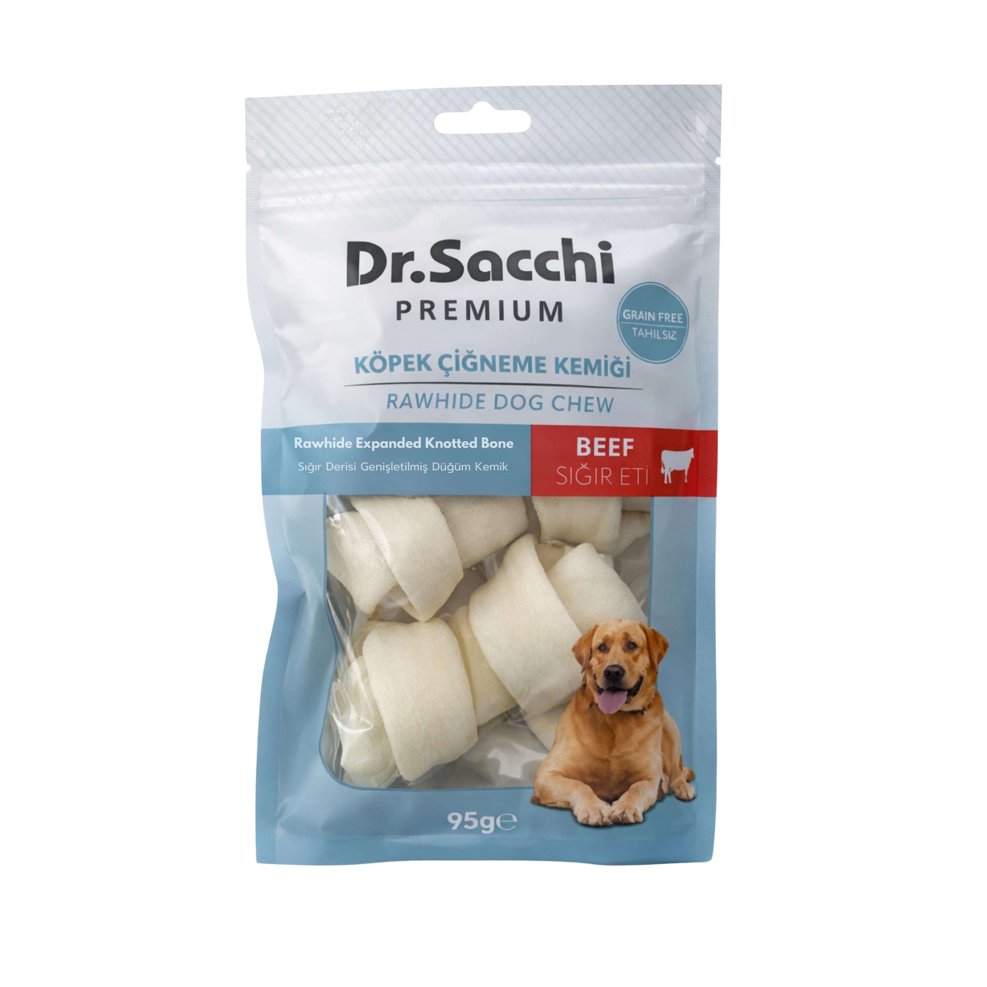 Dr.Sacchi Premium Sığır Etli Sığır Derisi Genişletilmiş Düğüm Kemik Tahılsız Köpek Ödülü 2-4'' 30-35 Gr 3'lü