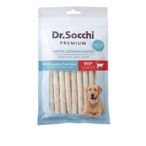 Dr.Sacchi Premium Sığır Etli Beyaz Sığır Derisi Burgu Çubuk Tahılsız Köpek Ödülü 5'' 7-8 Gr 15'li