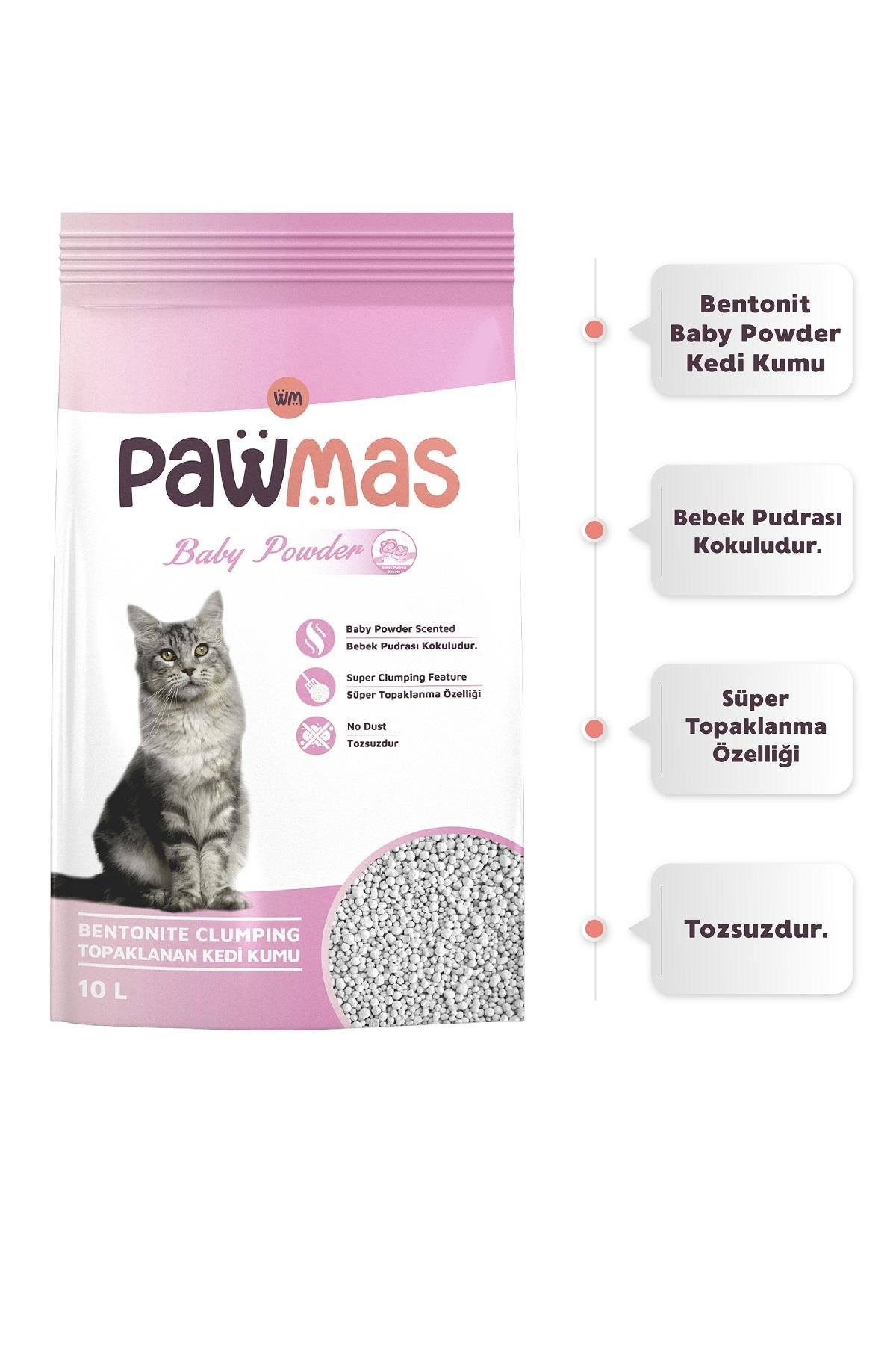 Pawmas Bebek Pudrası Kokulu Bentonit Kedi Kumu 10 Lt