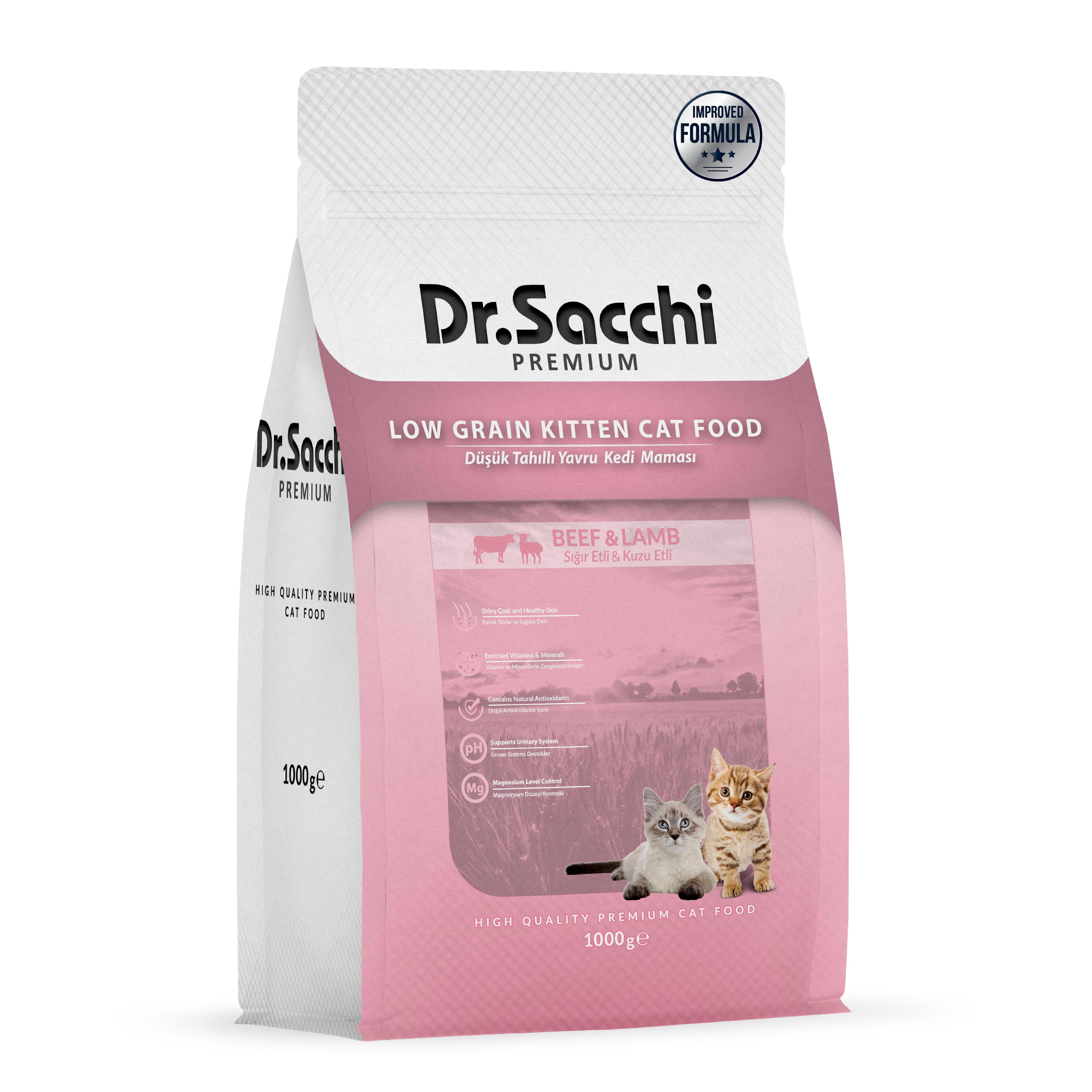 Dr.Sacchi Premium Düşük Tahıllı Sığır Etli ve Kuzu Etli Yavru Kedi Maması 1 Kg