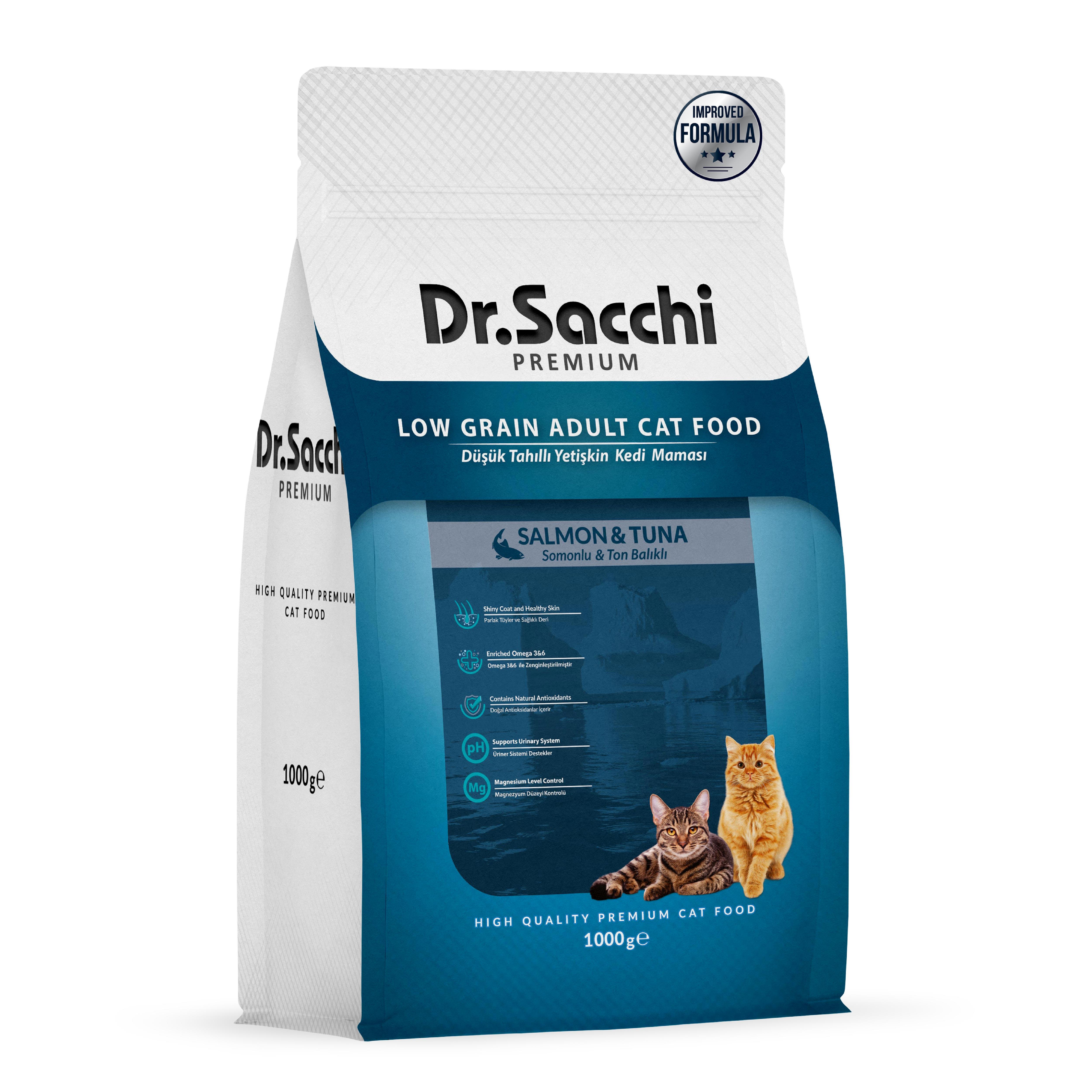 Dr.Sacchi Premium Düşük Tahıllı Somonlu ve Ton Balıklı Yetişkin Kedi Maması 1 Kg