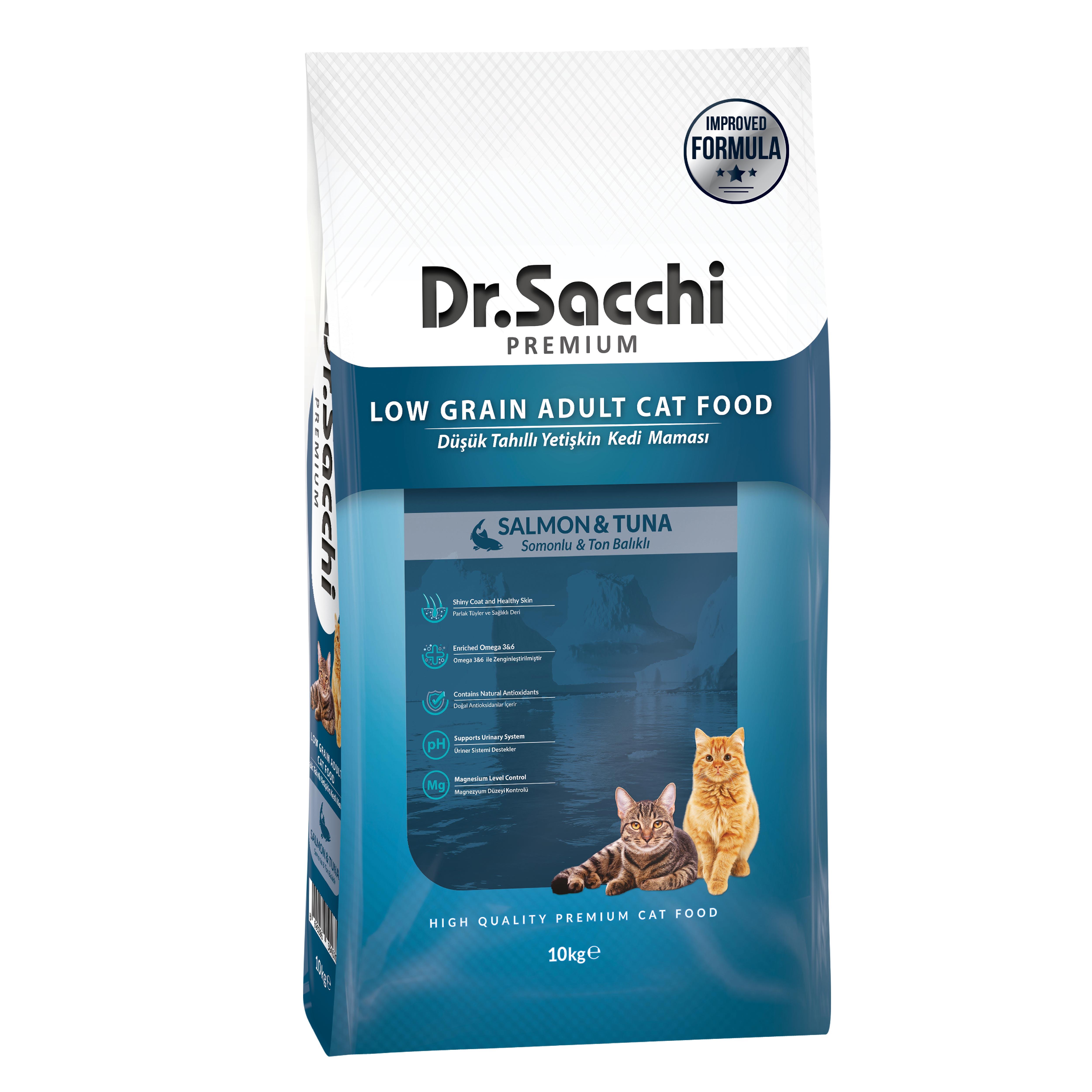 Dr.Sacchi Premium Düşük Tahıllı Somonlu ve Ton Balıklı Yetişkin Kedi Maması 10 Kg
